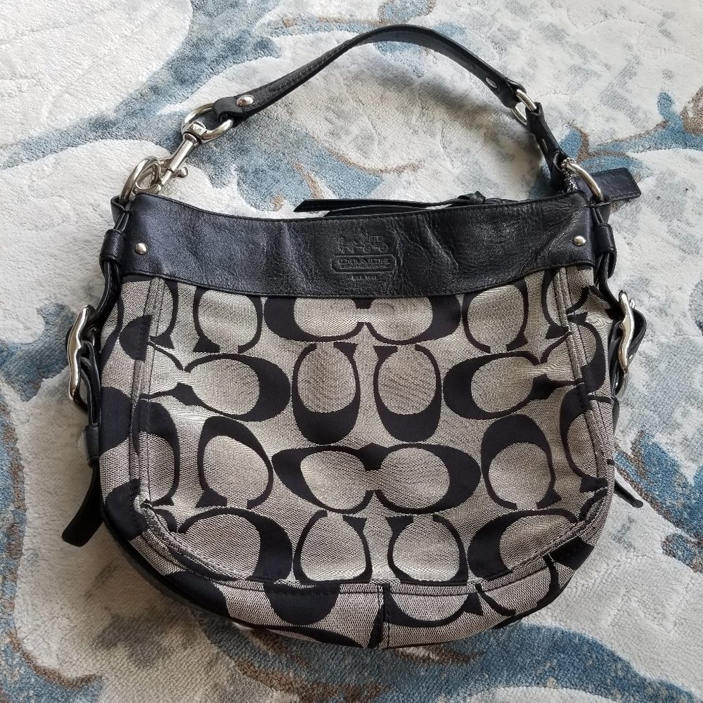 COACH Grey and black monogrammed hobo bag
